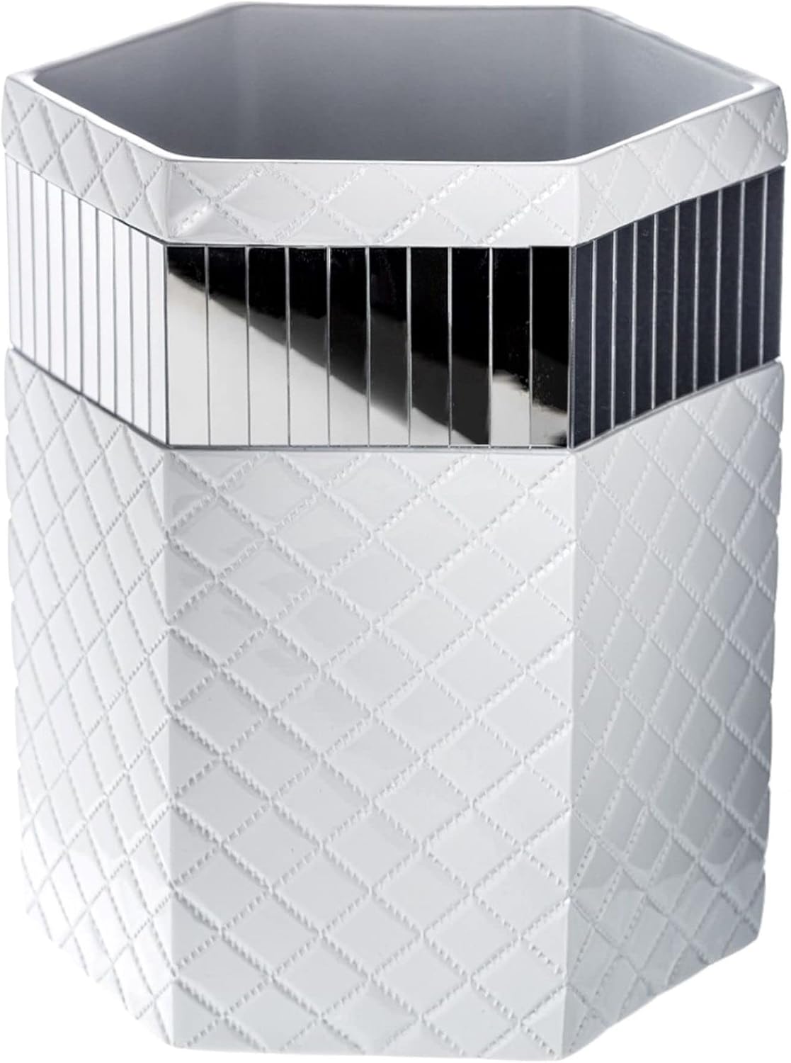 Creative Scents Quilted Mirror White Bathroom Trash Can 1.58 Gal / 6L – Decorative Waste Basket for Bathroom - Space Friendly Mirrored Wastebasket Bin, for Elegant Powder Room or Bedroom Decor