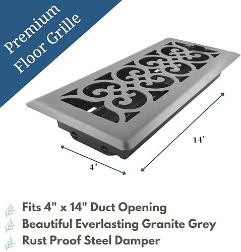 Miniatura 7 de Registro de piso de acero de diseño victoriano de 4 x 10 pulgadas en acabado negro de hierro fundido, cubiertas de ventilación para piso del hogar,