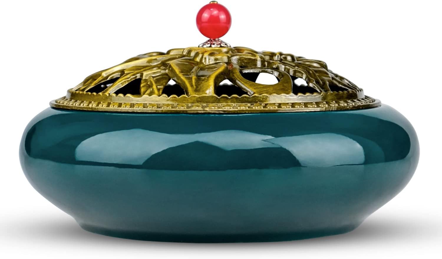 NALACAL Ceramic Incense Burner, Ceramic Stick Incense Burner Alloy Cover Aromatherapy Oil Burner Charcoal Censer Copper Incense Cone Burner Chinese Porcelain Censer for Home Office Yoga Relaxation