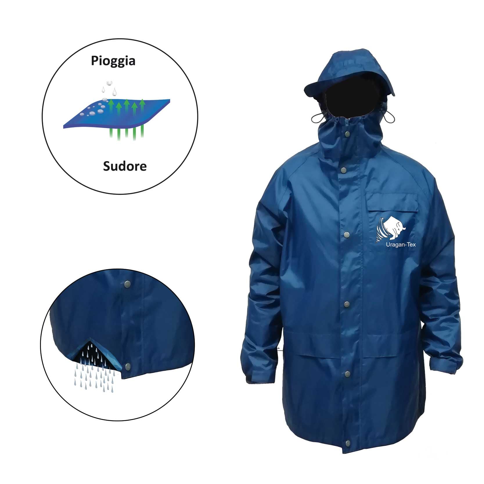 Generico URAGAN-TEX Giacca Impermeabile, Doppio Strato Traspirante, Blu Navy con Cappuccio
