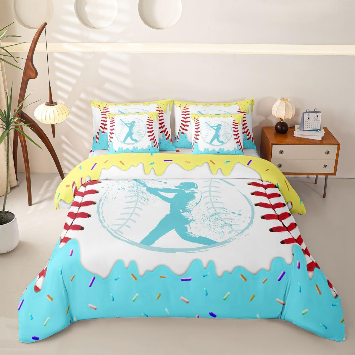Roter Baseball Bettwäsche 155x220 7teilig Baseball EIS Bettwäsche-Set 1 Bettbezug,1 Spannbettlaken,1 Bettlaken,2 Kissenbezüge,2 Dekokissenbezüge Kinder Mädchen EIS Tropfen