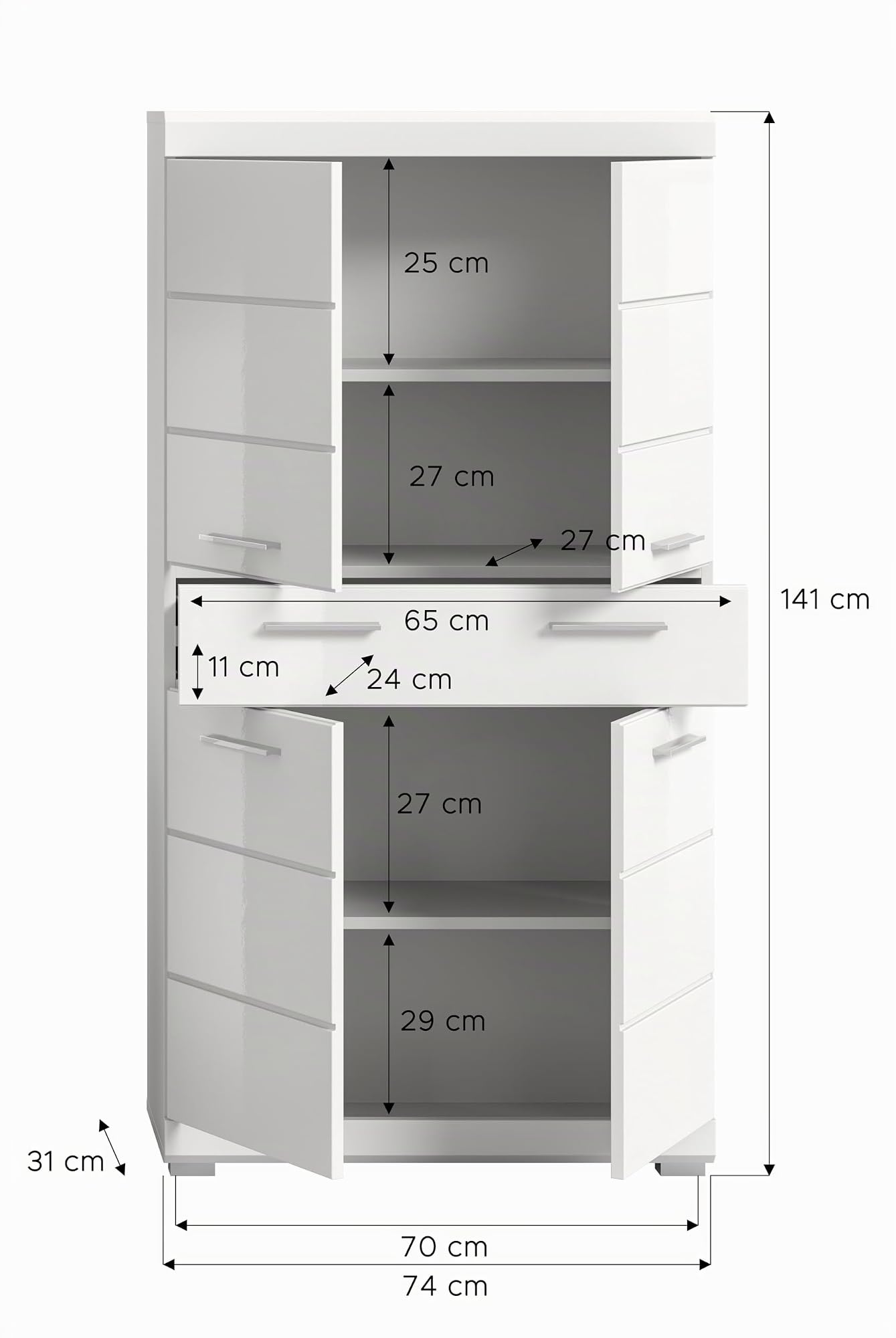xonox.home - Badmidischrank Scout 74x141x31 cm in weiß und weiß Hochglanz - Badset Badmöbel Badezimmerkombination - Pflegeleichte Oberfläche einfache Montage – Bild 4
