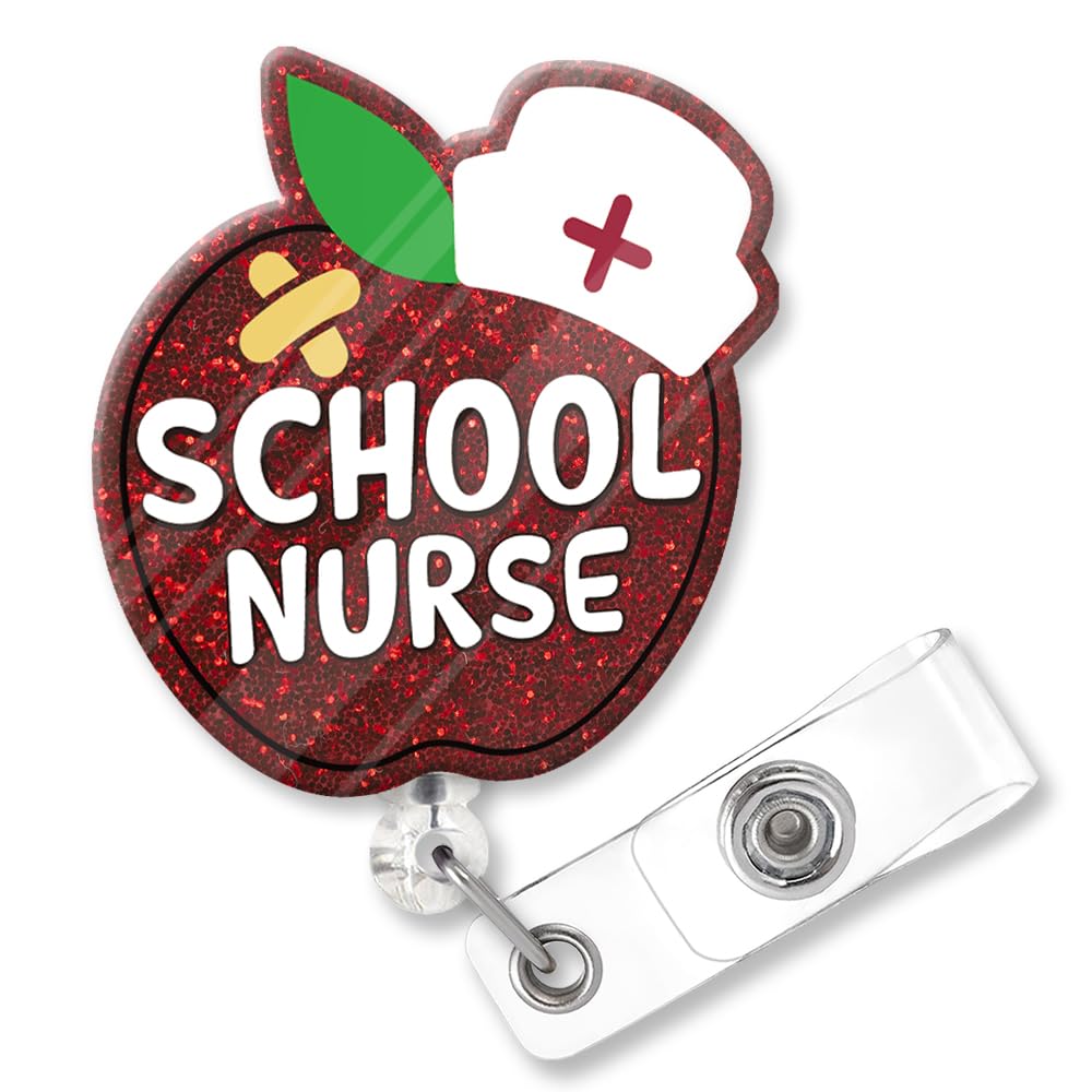ZBBFSCSB School Nurse Funny Red Glitter Badge Scroll Retractable, Cute Apple Badge Holder, Christmas Birthday Gift for Doctor Teacher Student