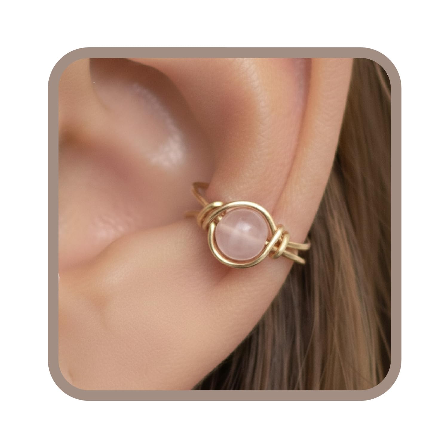 14k Gold Filled Rose Quartz Clip On Ear Cuff, Non Piercing Dainty Huggie Gemstone Earring