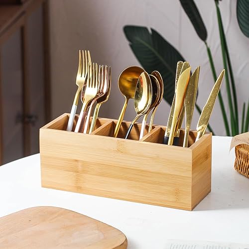 Miniatura 2 de Organizador de cubiertos para encimera, cuchara y tenedor, para fiestas, madera de bambú, organizador de cubiertos para cocina (10 x 3.5 x 3.8