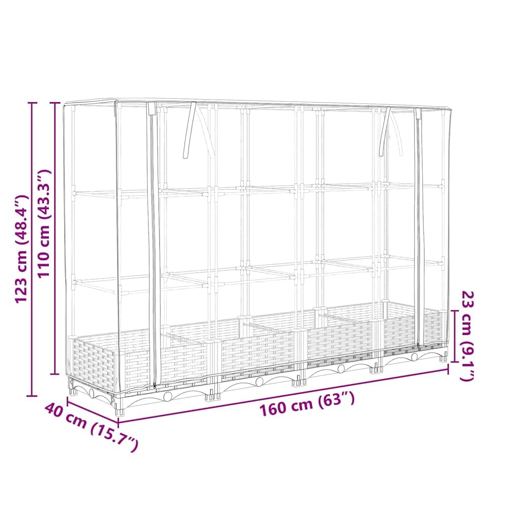Jardinera con accesorio de invernadero en aspecto de ratán 160 x 40 x 123 cm, maceta de polipropileno con marco de tubos de hierro, jardinera para jardín, semillero con cubierta impermeable