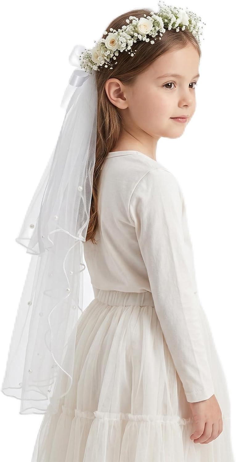 First Communion Veil, White Lace Veil Headband with Bow for Girls | for dress up wedding party, flower charm vine, 2-layers