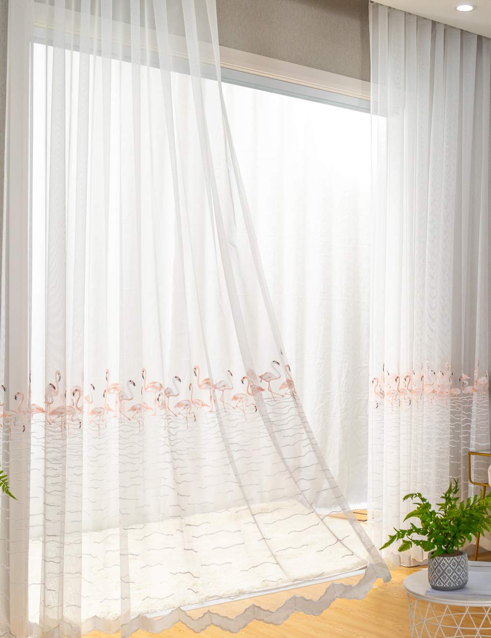 Lactraum - Tenda per cameretta Bambina, in Voile con Ricamo in Stile Fenicottero, Colore: Bianco Trasparente, Rosa Flamingo mit Ösen, 300 x 245 cm
