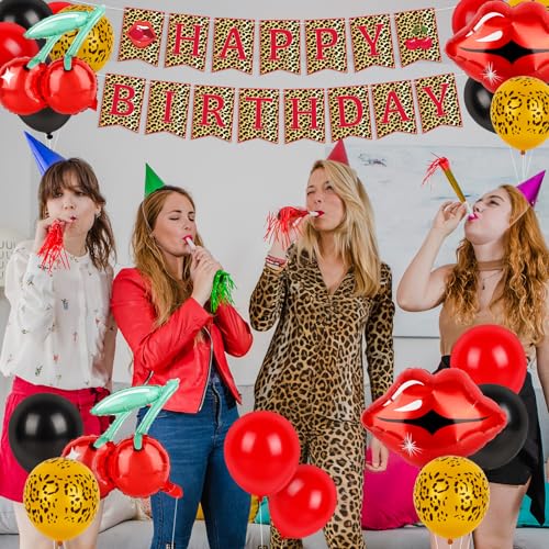 Image of Hooqict Cheetah Prints Birthday Decorations Cherry Leopard Birthday Banner with Balloons for Girls Women Red Black Cheetah and Cherry Party Decorations