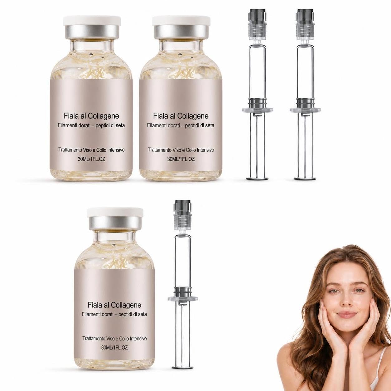 Fiala al Collagene - Effetto Lifting Dalla Prima Applicazione, Siero Viso Antirughe Con Acido Ialuronico E Collagene, Attenua Le Rughe, Idrata In Profondità (3 bottiglie)