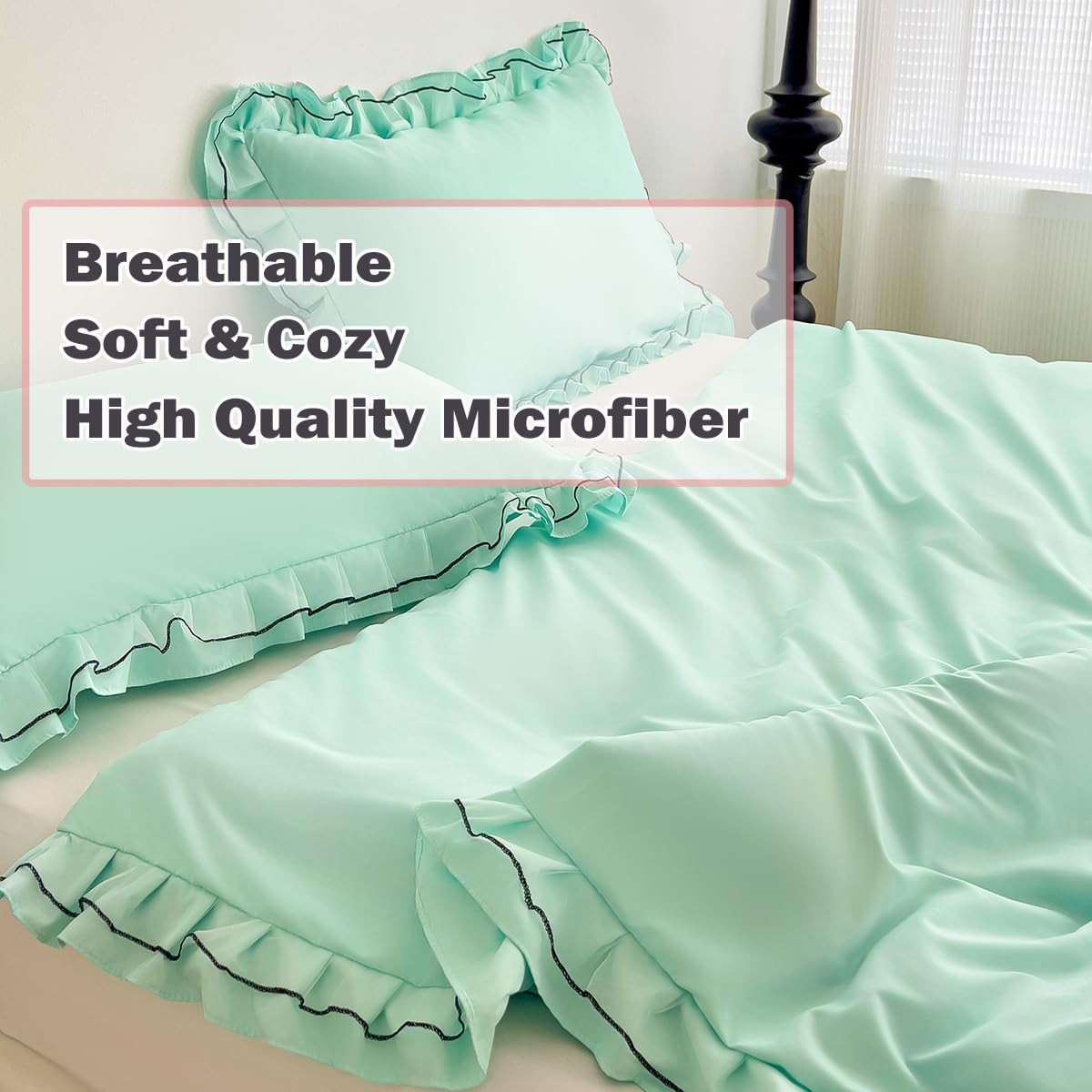 LMONMOO Green Duvet Cover Queen, Chic Lace Bedding Set with Double Ruffle, 3 Pieces Luxury Princess Style Comforter Cover Soft Breathable for Girls Kids Teen, All Season (Green, Twin)