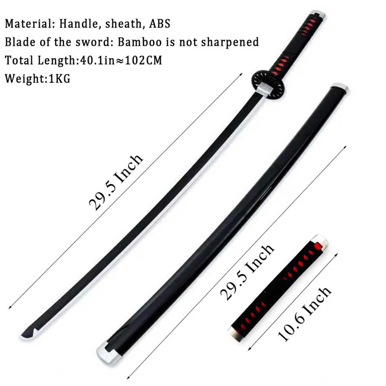 Épée de démon Katana Wood (Kamado Tanjirou) avec Ceinture et Support 102cm Épée de samouraï en Bambou Noir (émoussée) – Arme de Costume de Cosplay Anime