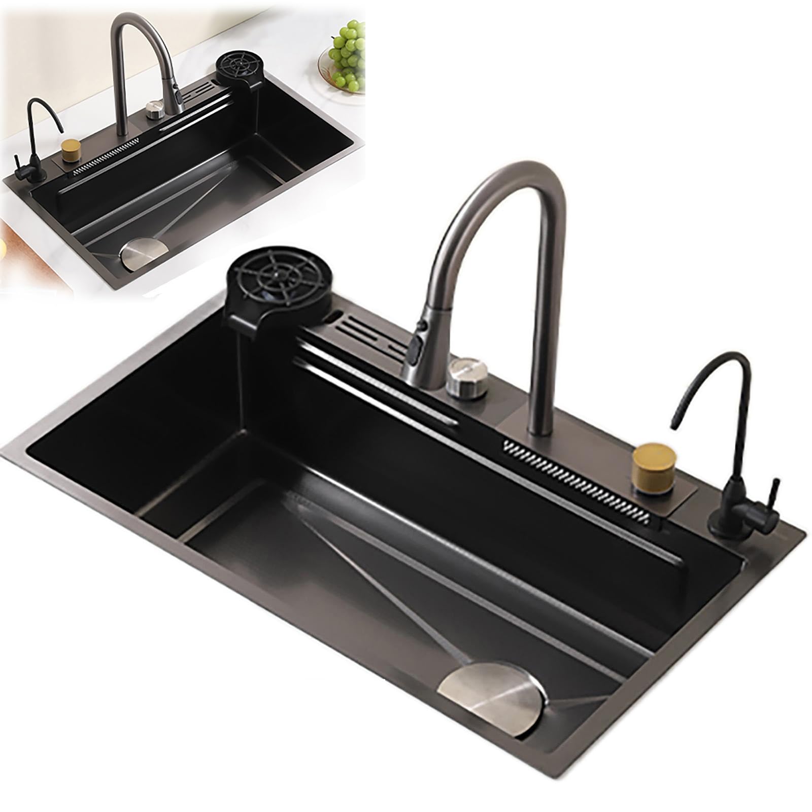 YADZISW Farmhouse Utility Sink - Waterfall Drop-In/Undermount Kitchen Workstation with Accessories: Grid Strainer Basket Pressurized Cup Washer Drain Assembly for Modern Kitchens