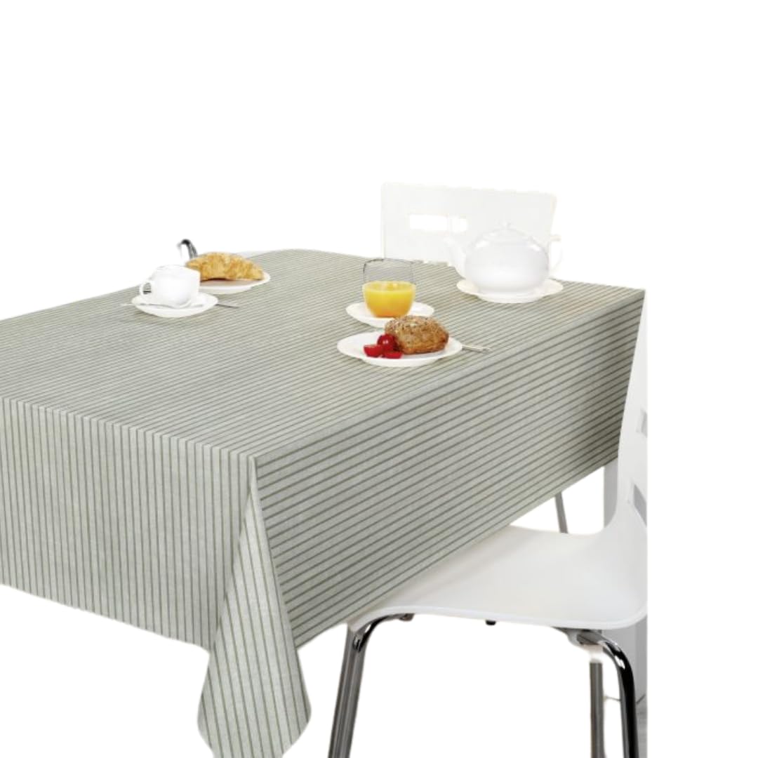 Wipe Clean PVC Tablecloth 140cmx200cm-Outdoor/Indoor Table Cloth Protector, Waterproof Summer Design, Easy Care Table Cover (Green and Linen Stripe Tablecloth) โ image 1