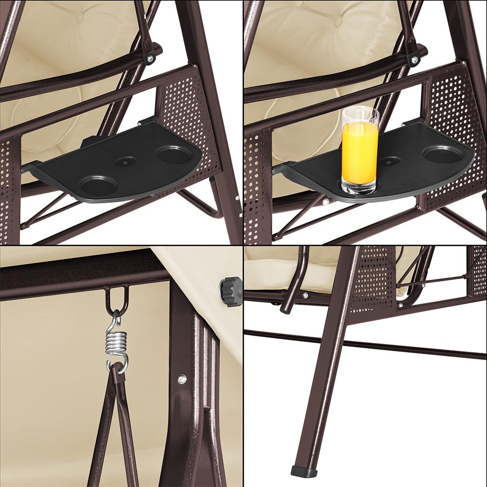 Bakaji Dondolo Da Giardino 3 Posti con 3 Cuscini Tetto Parasole Regolabile e Vassoi Pieghevoli Struttura in Metallo Seduta in Tessuto con Maxi Imbottitura 8cm (Beige)