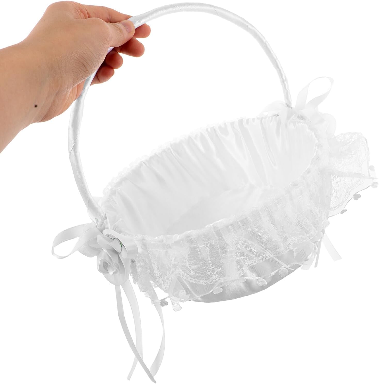 Decorative Wedding Flower Girl Basket with Handle White Lace Storage Basket for Wedding Ceremony Outdoor Party Supplies