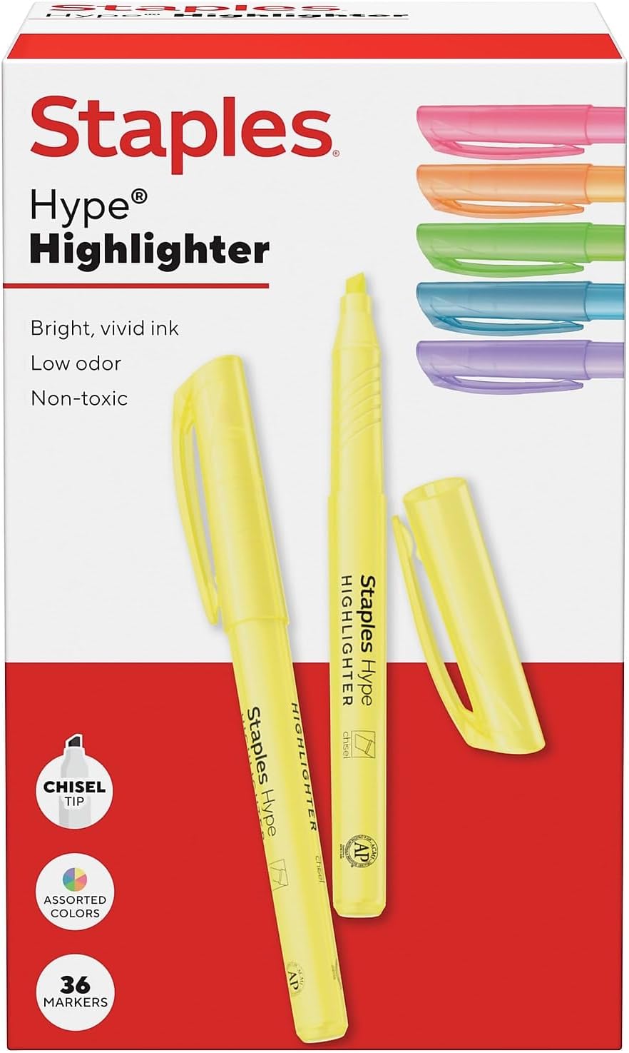 STAPLES Stick Highlighters, Chisel Tip, Assorted Colors, 36 Pack – Hype Bulk Highlighting Markers for Classrooms & Offices