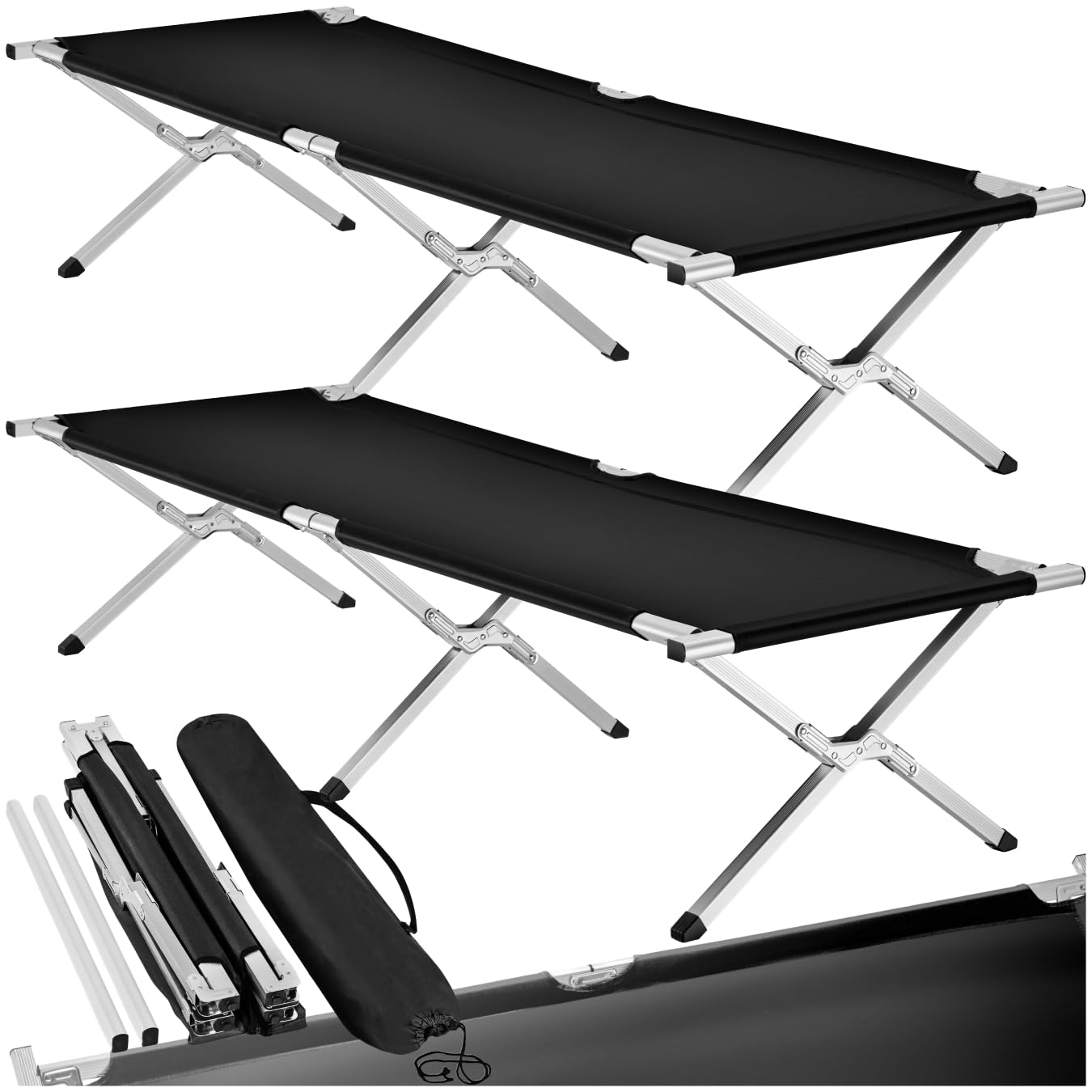 tectake® Lit de Camp Pliable avec Housse de Transport - Lit appoint Matelas 1 Place Enfant Adulte Voyage Bivouac Plage Tente Exterieur Jardin Peche - 190 x 70 cm - Charge Max 150 kg - Noir - Lot de 2