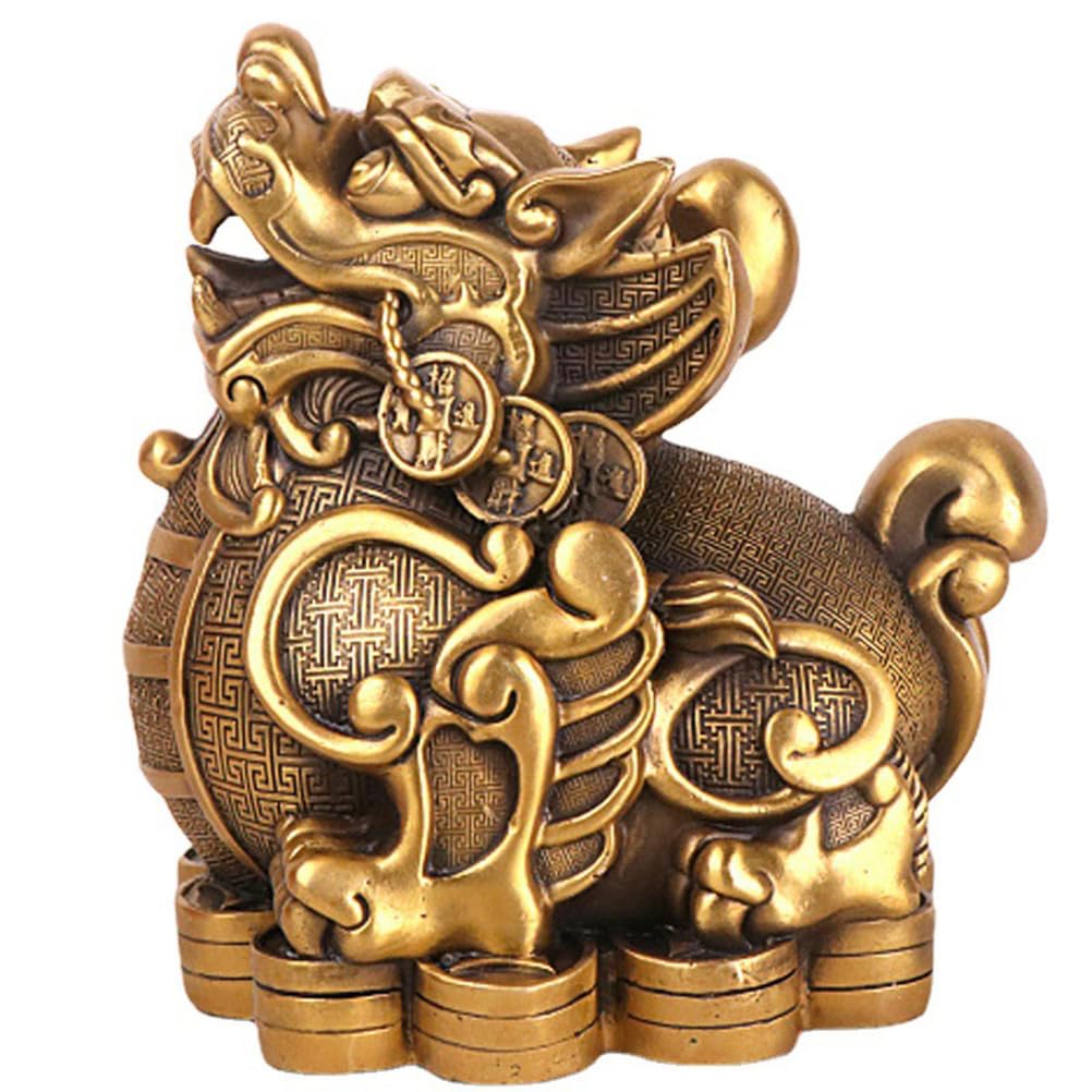 Figurka Feng Shui Pi Xiu (Pi Yao), mosiężna figurka bogactwa do domu lub biura, kompaktowa złota figurka na biurko do kolekcjonowania, przyciągająca pieniądze i szczęście
