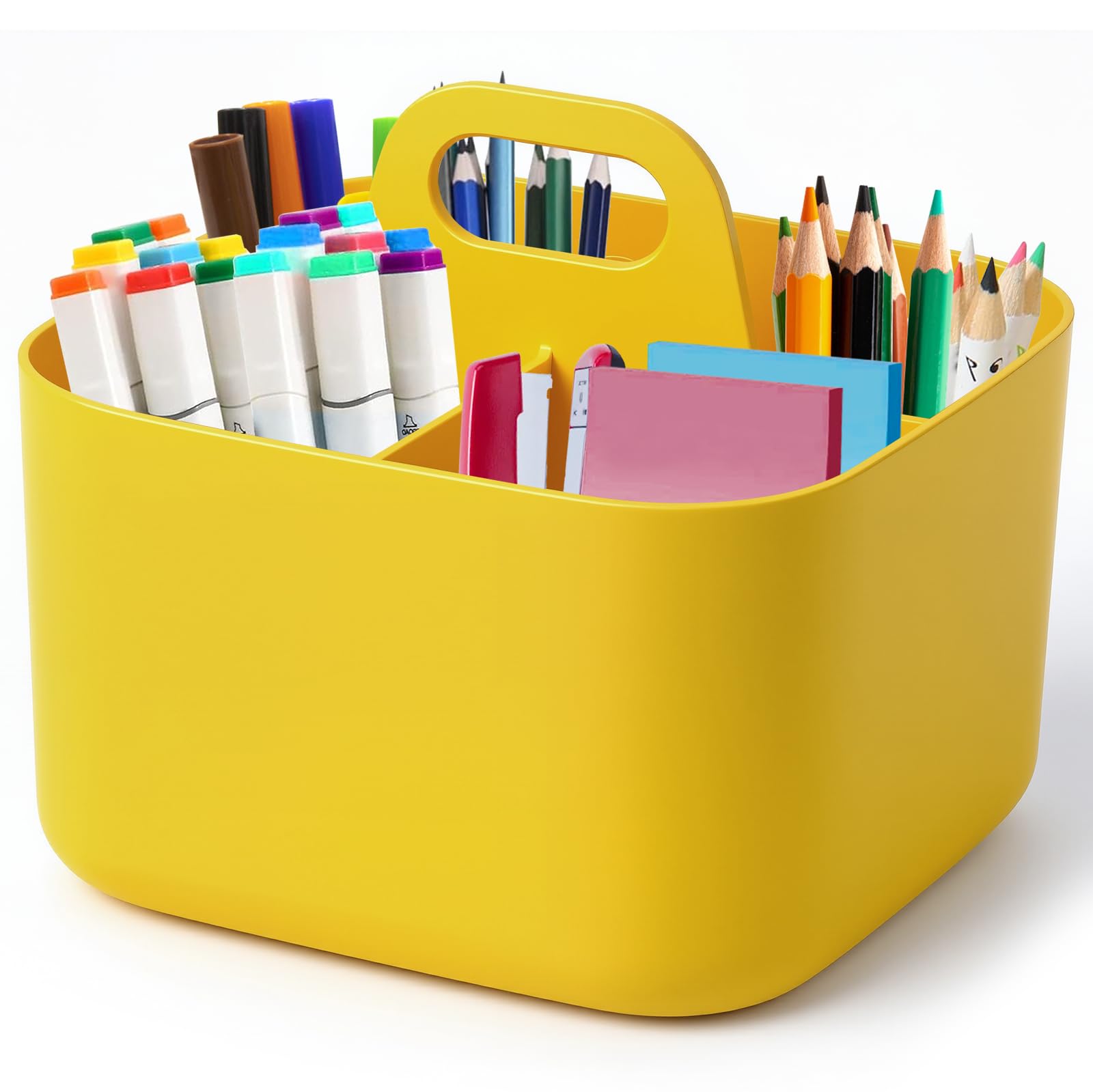 Esilihom Multipurpose Desk Organiser, Stackable Cleaning Caddy with Handle, 4-Compartment Pen Organiser for Stationery & Makeup | Bathroom & Office Storage Tidy (Yellow)