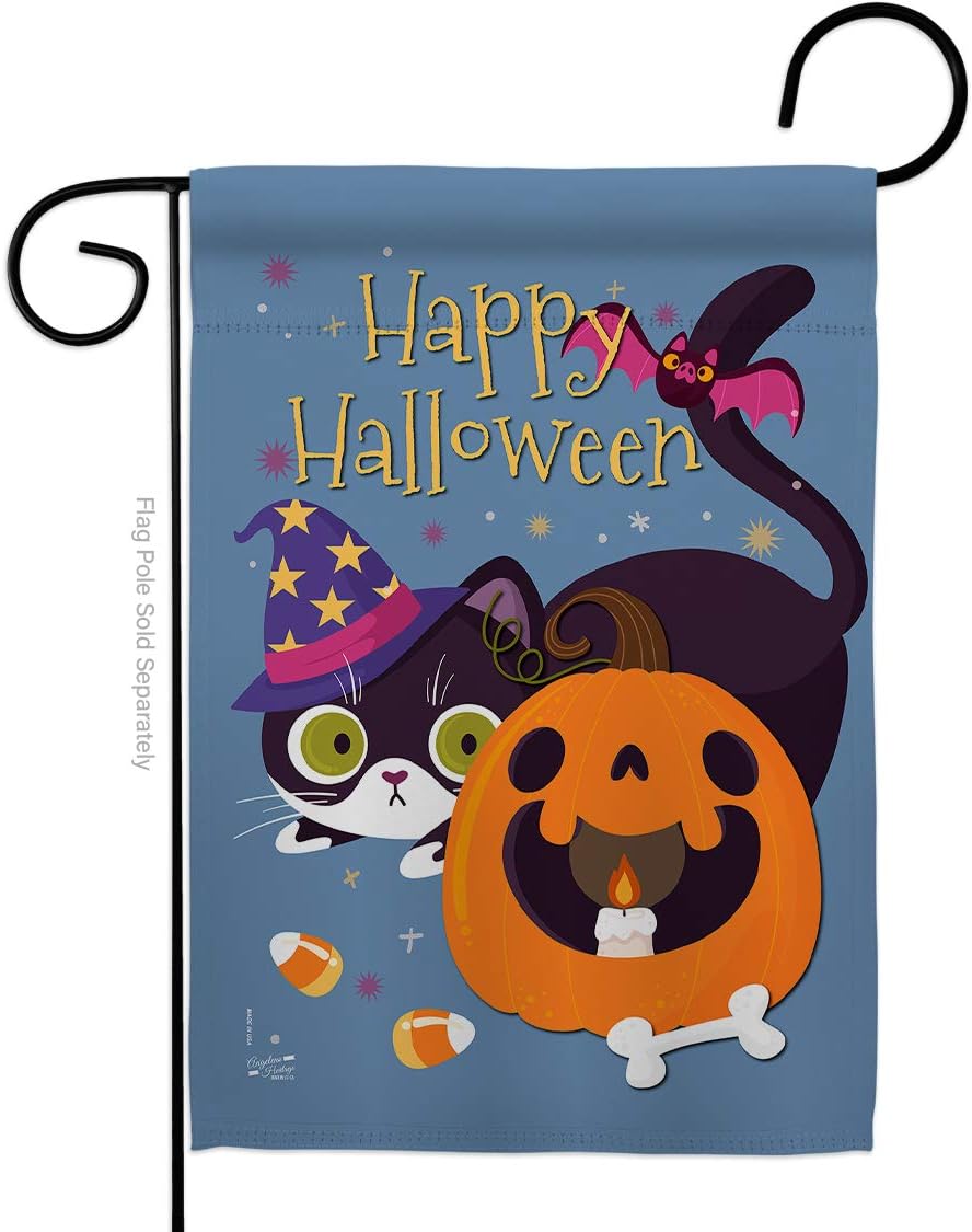 Witchy Cat Burlap Burlap Garden Flag Set Wood Dowel Falltime Halloween Witch Trick or Treat Spooky Night Black Season Autumntime Pumpkin Small Gift Yard House Banner Double-Sided Made In USA 13 X 18.5