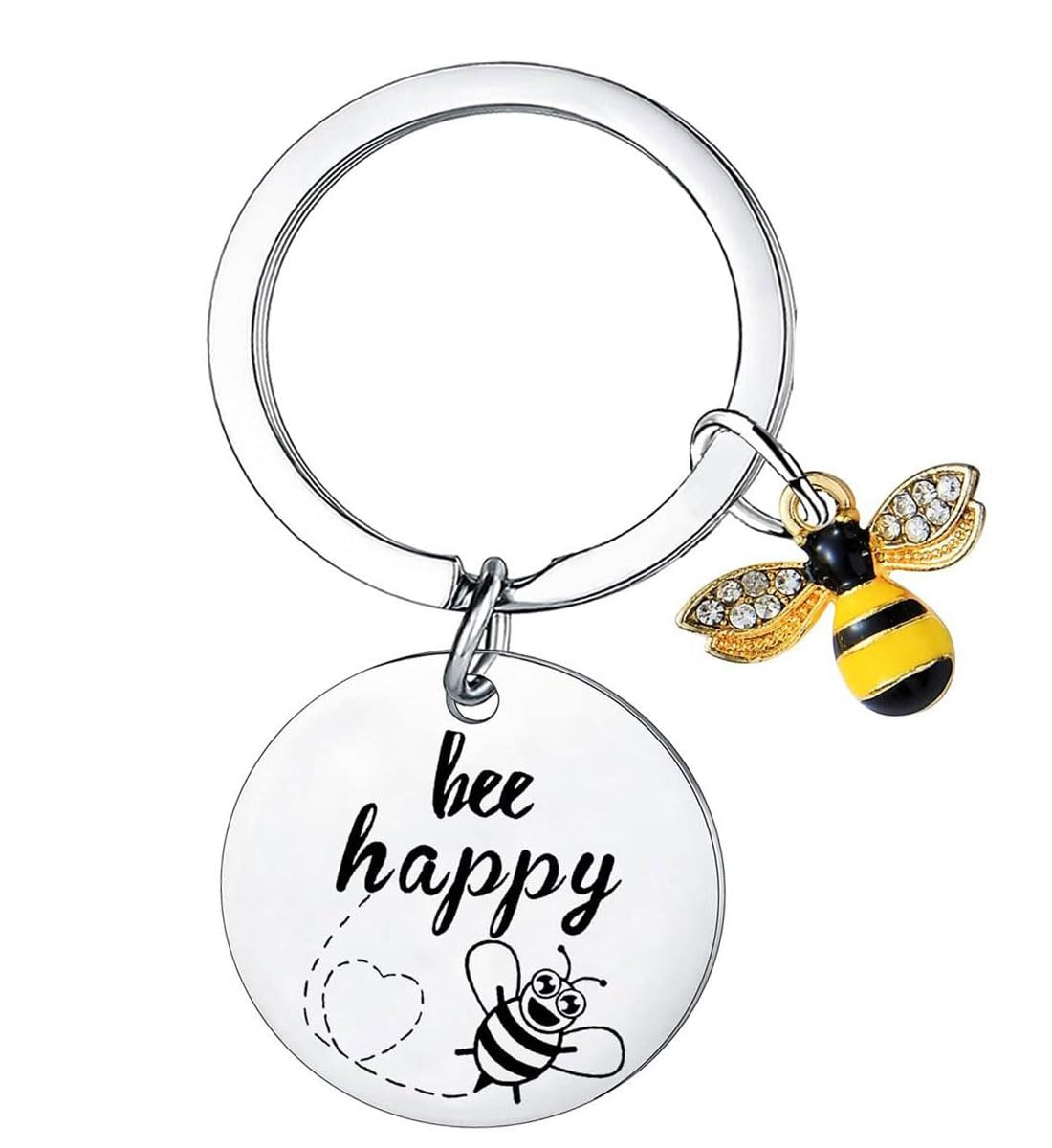 Keychain Bee Happy Keyring for Women Inspirational Quota Key Chain Silver Key Ring Cute Charm Car Handbag Hanging for Women Daughter Christmas Colleague Friends Graduation Birthday Gift