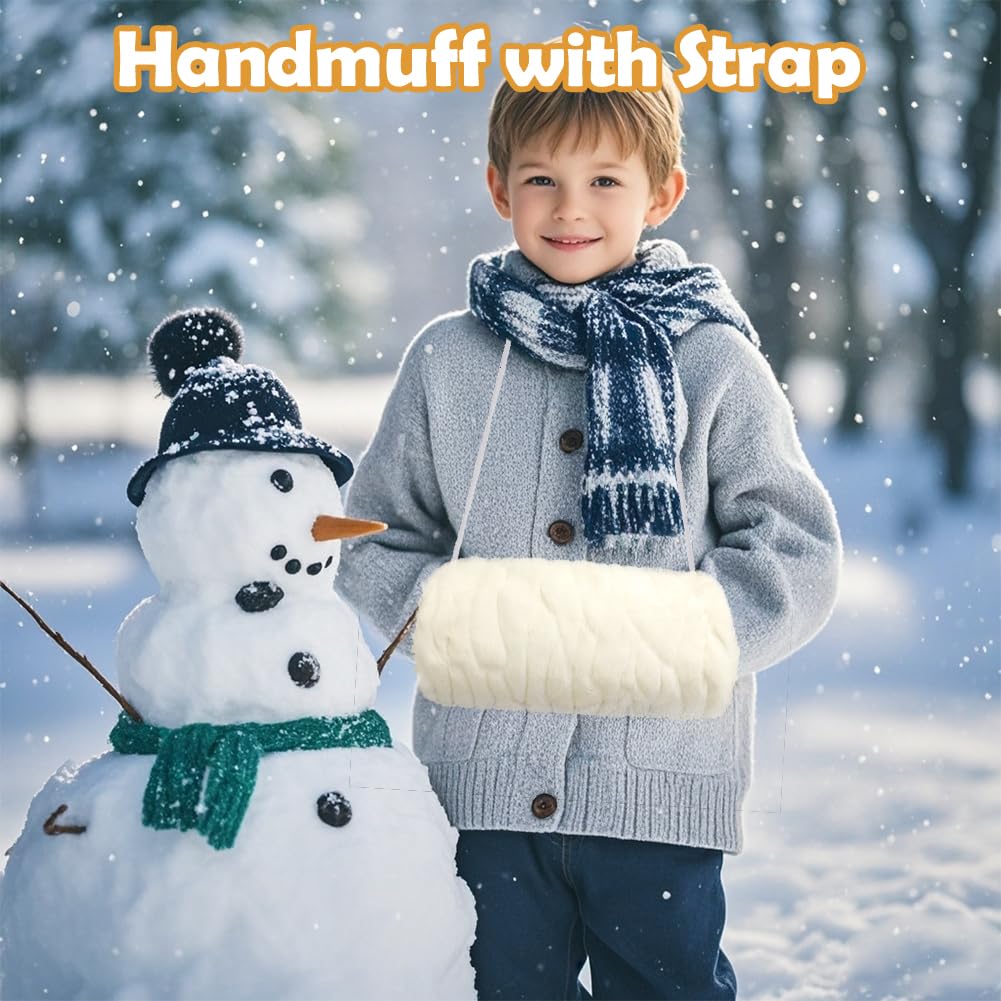 SwirlColor Handmuff Kunstpelz Muff für Warme Hände mit Tasche Riemen Muff Handwärmer Kinder - Weiß Ripple
