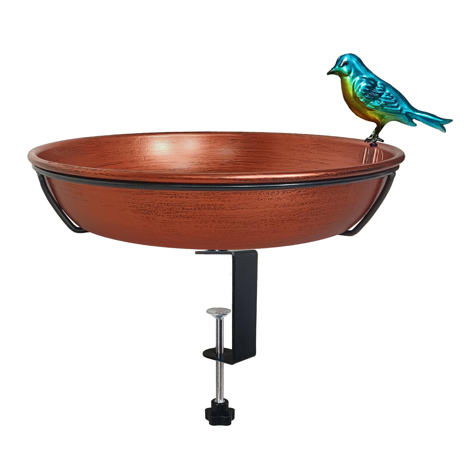Deck Bird Bath for Outdoors, 11" Copper Metal Birdbath Bowl with Adjustable Big Steel Clamp Backyard Bird Bath&Bird Feeder for Railing Balcony Fence Yard Art Garden Decor