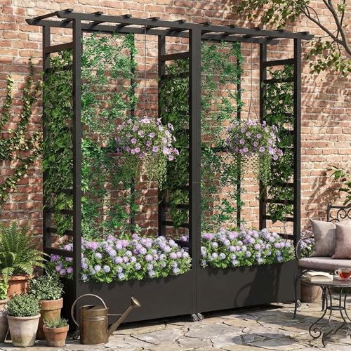 Jardinera elevada metálica con enrejado y techo colgante, resistente a la intemperie, con 4 ruedas, 2 enrejados laterales y mampara móvil