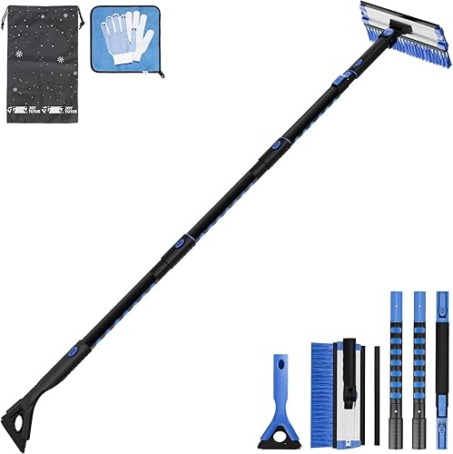JOYTUTUS Raspador de hielo de 61.3 y cepillo de nieve de mango largo, raspador de nieve para automóvil extensible giratorio de 270 para parabrisas