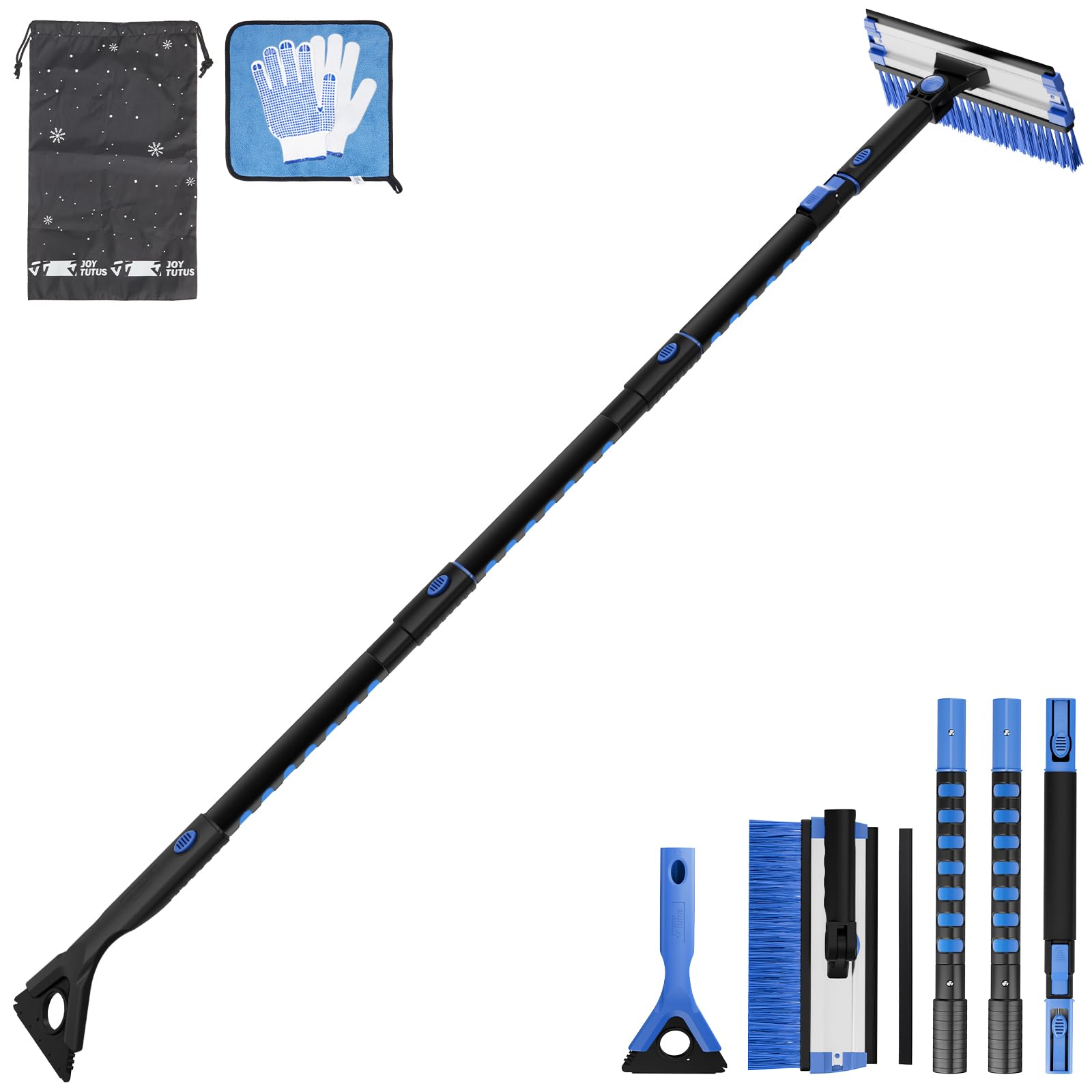 JOYTUTUS Rascador de hielo de 61.3 pulgadas y cepillo de nieve de mango largo, giratorio de 270° extensible para parabrisas de automóvil, agarre de espuma telescópica para raspador de hielo, removedor