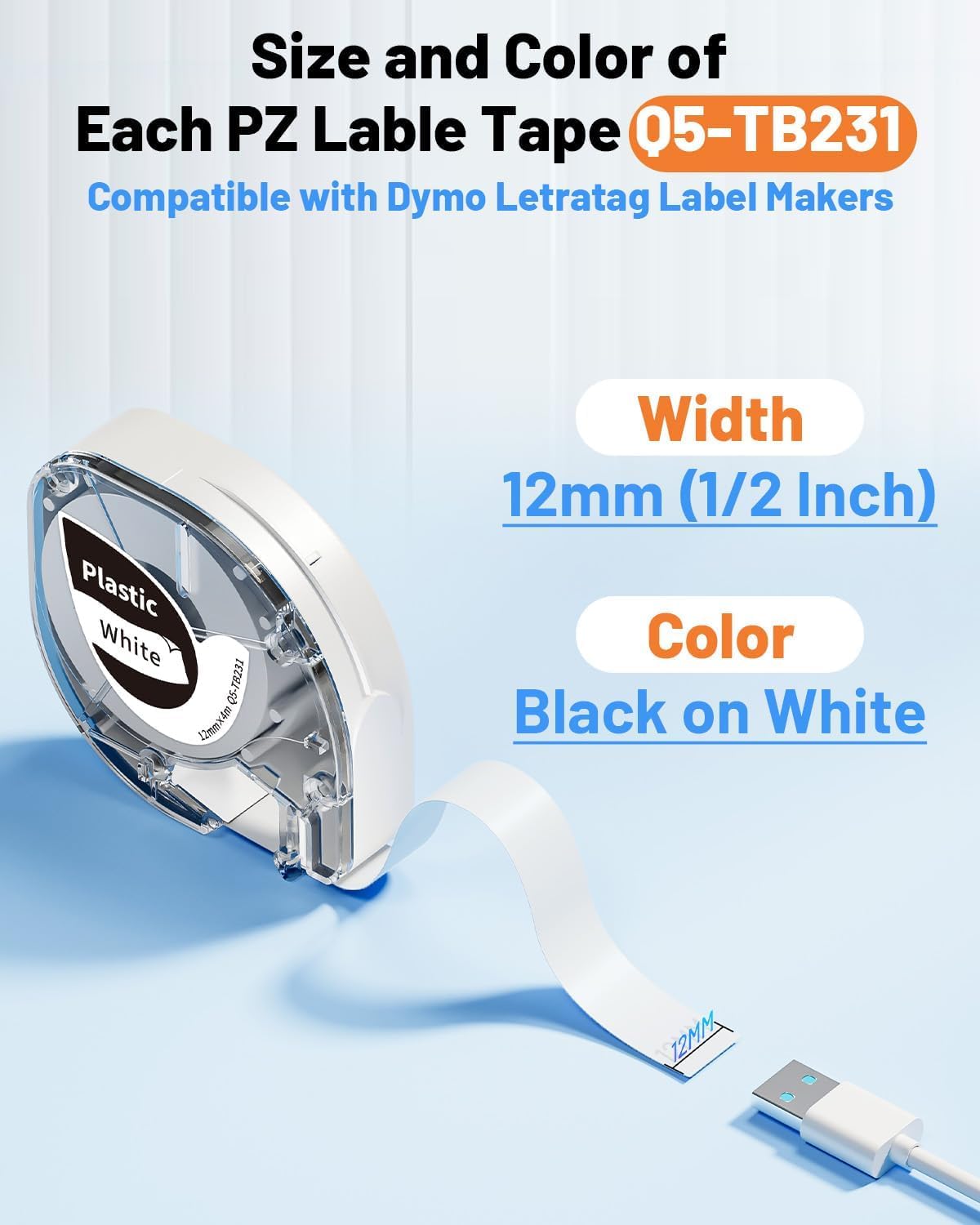 Lot de 3 rubans d'étiquettes de rechange P12 pour Dymo Letratag, compatibles avec les recharges d'étiquettes Dymo Letratag 12 mm x 4 m, noir sur blanc