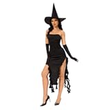 Witch Costume Women - Halloween Costumes Women Black Witch Dress Outfit with Witch Hat Gloves