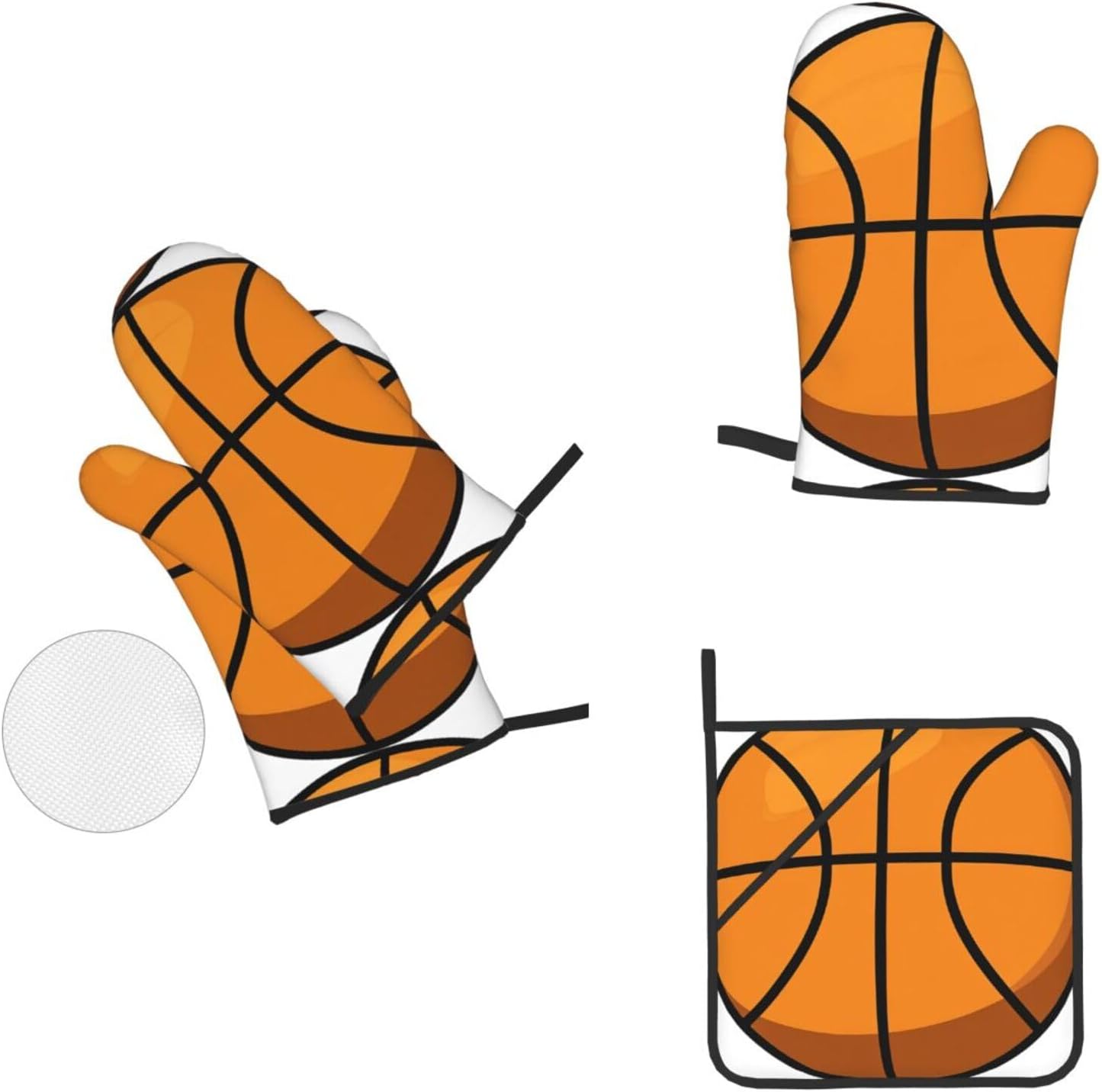 (Basketball Print) Baking 4-Piece Set: 2 Oven Mitts and 2 Pot Holders Heat Resistant Waterproof Hanging Loop for Kitchen Oven Grill Housewarming Gifts