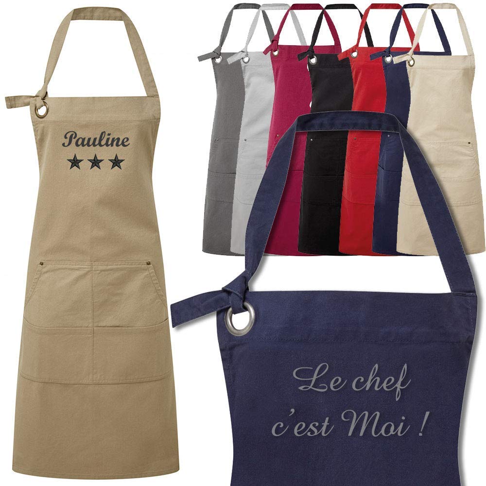 Tablier à bavette coton personnalisé et brodé prénom, texte, oeillet et rivet, 20 motifs, poche 4 compartiments, cuisine top chef, cadeau femme homme, fête des mères, noel, ref PR137