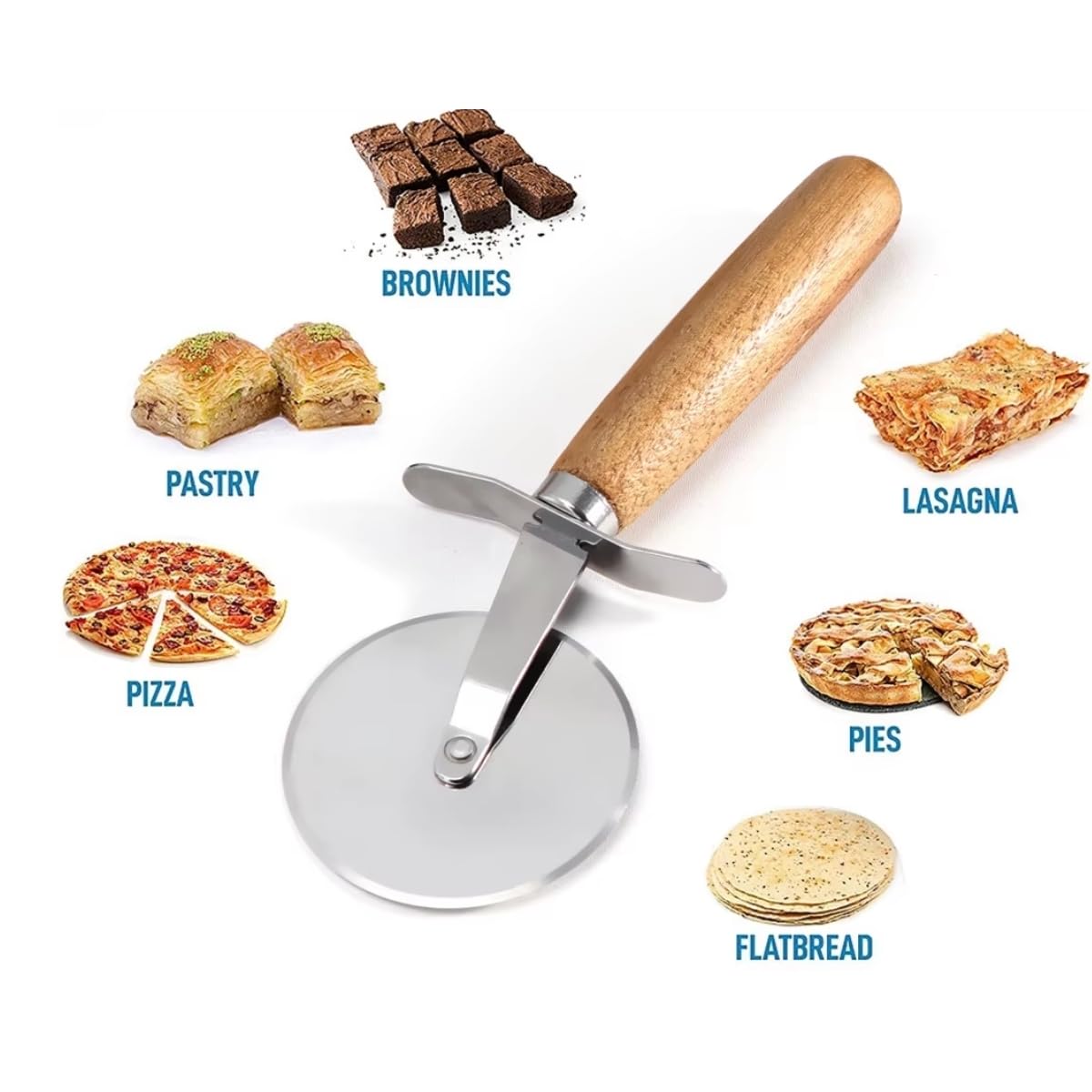Pizza Kesici – Ahşap Saplı Paslanmaz Çelik, Yuvarlak Bıçaklı Pizza Dilimleyici | Ergonomik, Dayanıklı, Şık Tasarım
