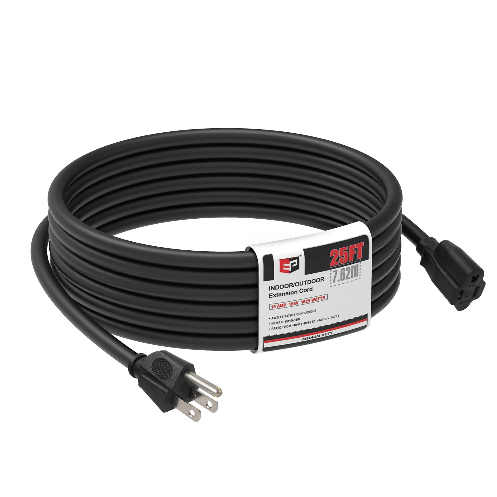 EP Przedłużacz 25 m, SJTW, wytrzymały, odporny na warunki atmosferyczne, kabel zasilający z 3-bolcową wtyczką uziemioną, do użytku wewnątrz i na zewnątrz, czarny