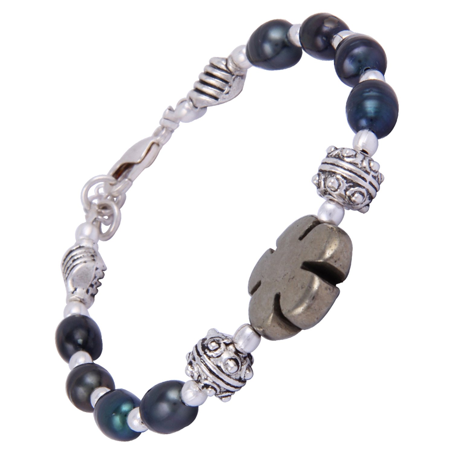 Haute Couture Dyed Black Freshwater Pearl & Pyrite Beads 7.5 Inches Bracelet