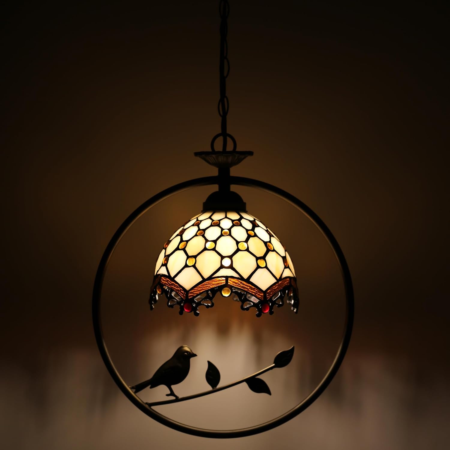 Tiffany Stained Glass Pendant Lamp with Bird Hanging Light Chandelier in Multicolor with Adjustable Hanging Cord for Dining Room Bedroom Restaurant (Beads)