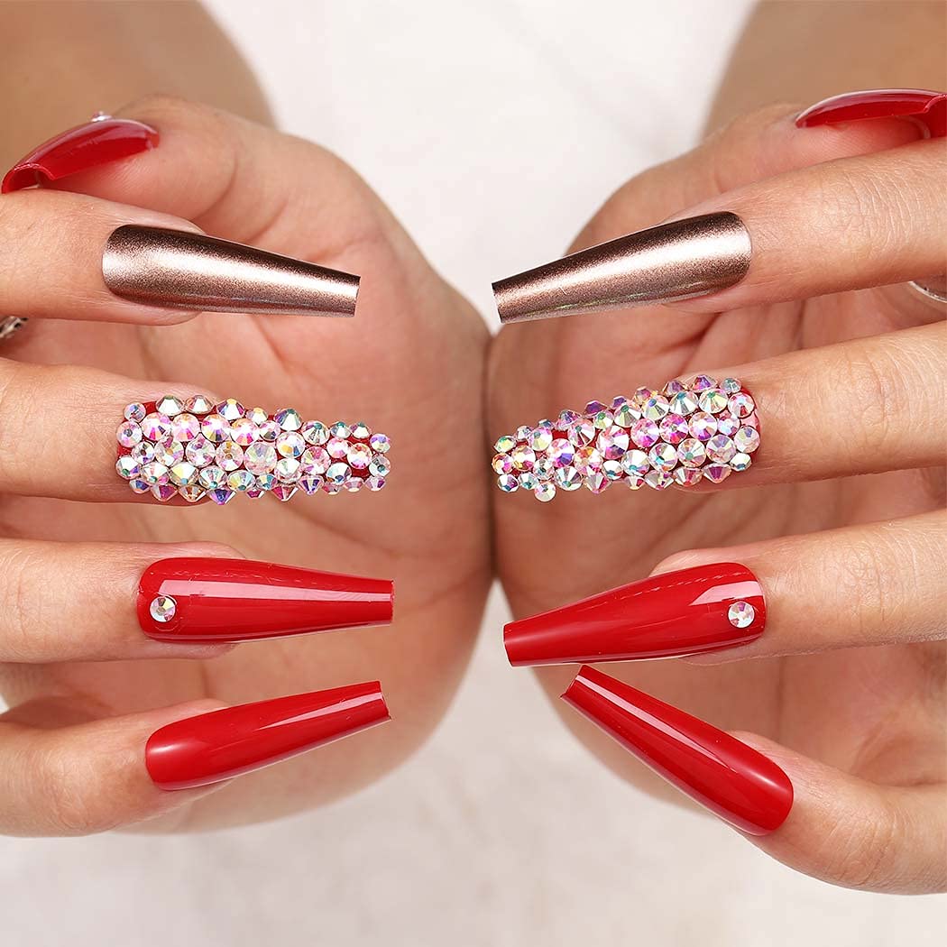 Amazon.com: Outyua 3D Rhinstone Press on Nails with Designs Glitter Coffin  Extra Long Fake Nails Ballerina Red Super Long False Nails Designer Acrylic  Full Cover Artificial Nail for Women and Girls 24pcs (