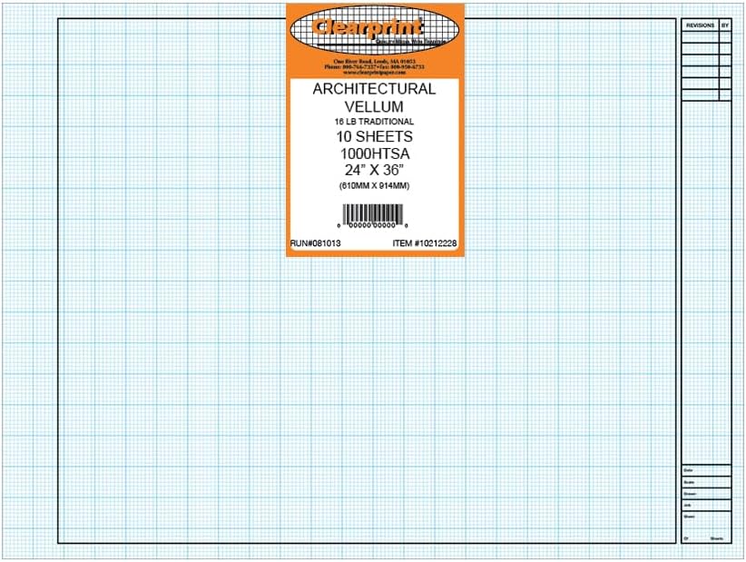 Clearprint 24" x 36" 1000H Design Vellum Sheets with Architect Title Block and Printed Fade-Out 8x8 Grid, 16 lb., 100% Cotton, 10 Sheets Per Pack, 1 Each