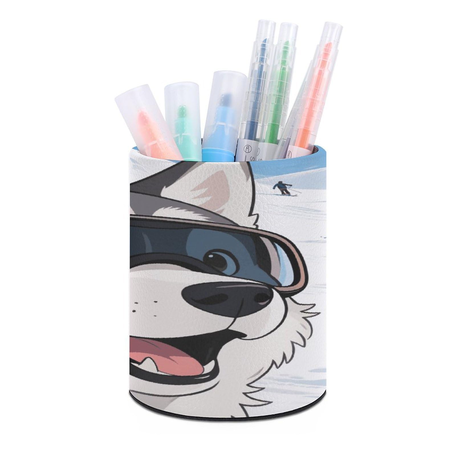 VstaDank - Snow Husky Snow Pen Holder Round Pencil Holder PU Leather Desk Organizer for Desk Office Desk Decor