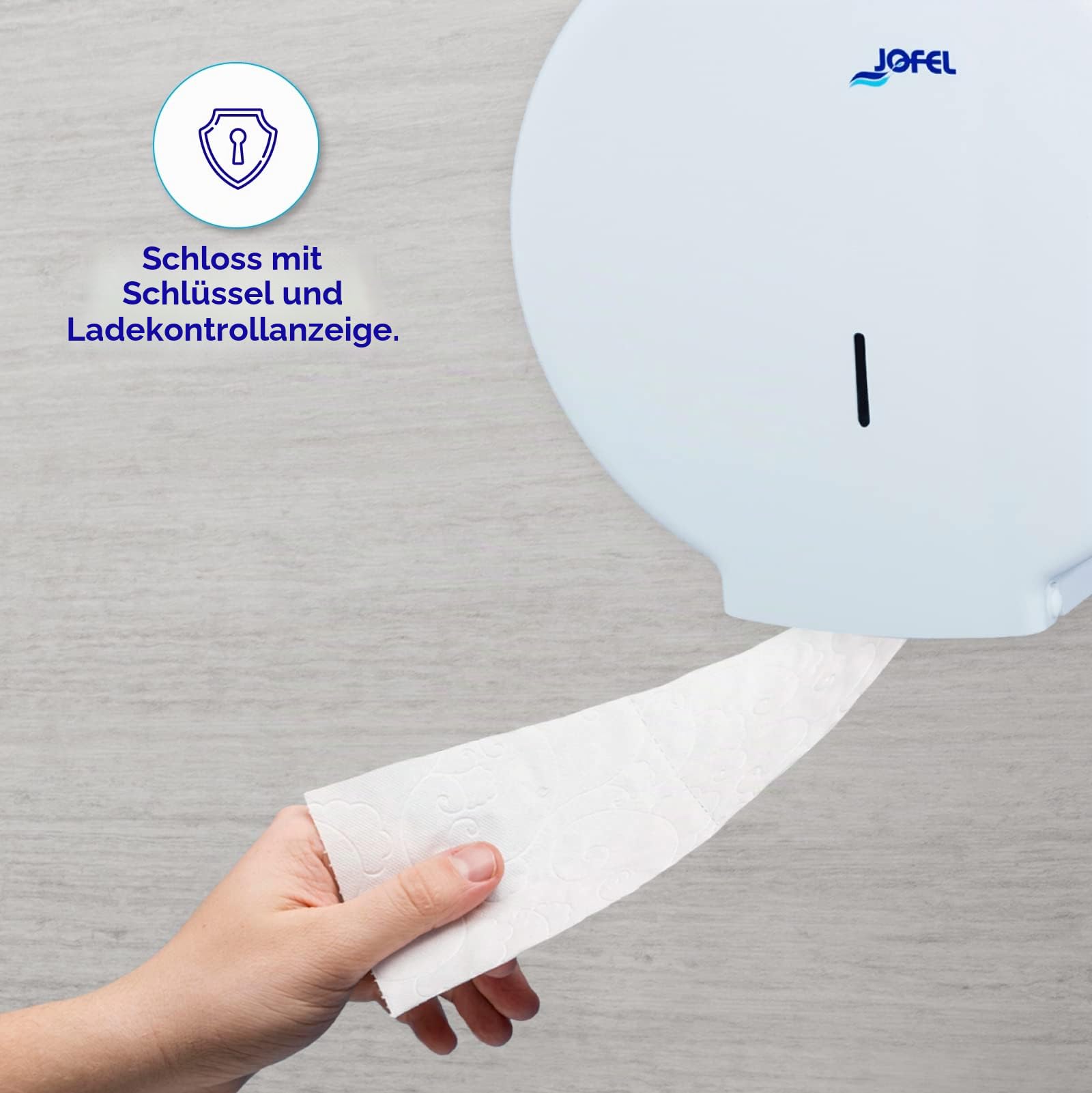 Jofel - Großer industrieller Toilettenpapierrollenhalter, Papierrollenspender für bis zu 400m, max. 260mm Durchmesser, 55mm Spannfutter, ideal für öffentliche Toiletten, Azur AE55300, ABS Weiß