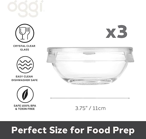 Miniatura 2 de Oggi Juego de 3 cuencos de vidrio de 4 onzas con tapas de clip, ideales para sal y pimienta, almacenamiento con tapas, cuencos para condimentos,