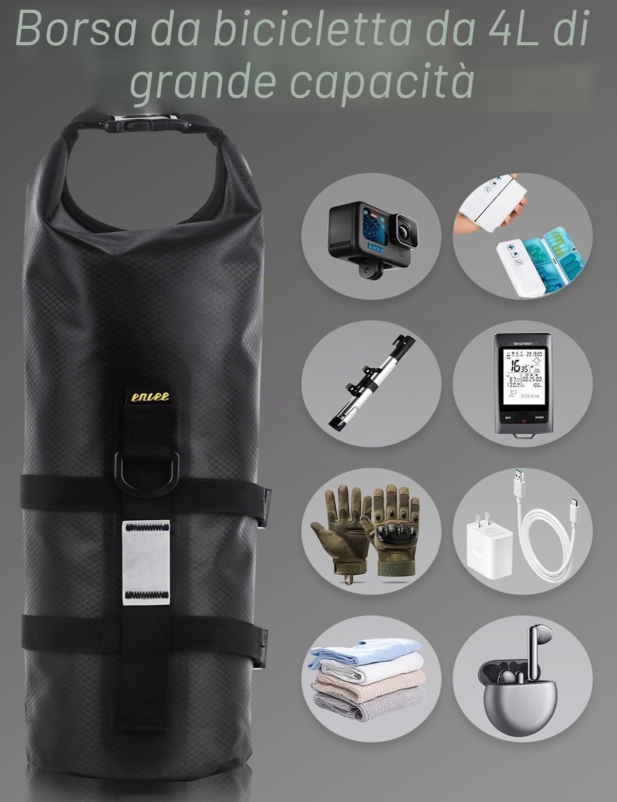 2 set di borse per bicicletta, 4 L + 4 L, con supporto versatile, 100% impermeabile, compatibile con mountain bike e bici da strada