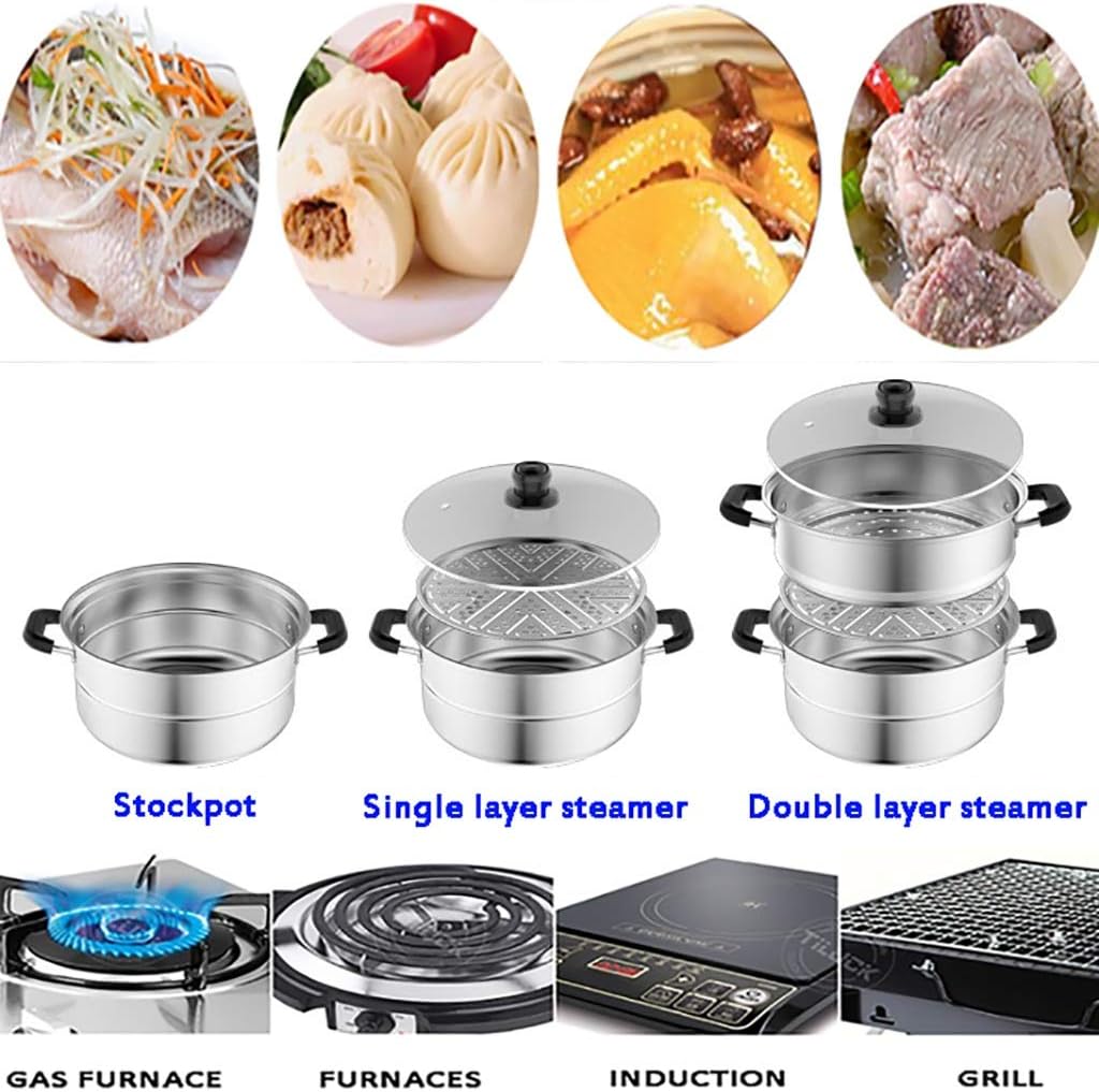 430 Stainless Steel Steamer/Soup Pot 2-layer Household With Steamer 26cm Thickened Suitable for Gas Stove/Induction Cooker Suitable for 1-3 People