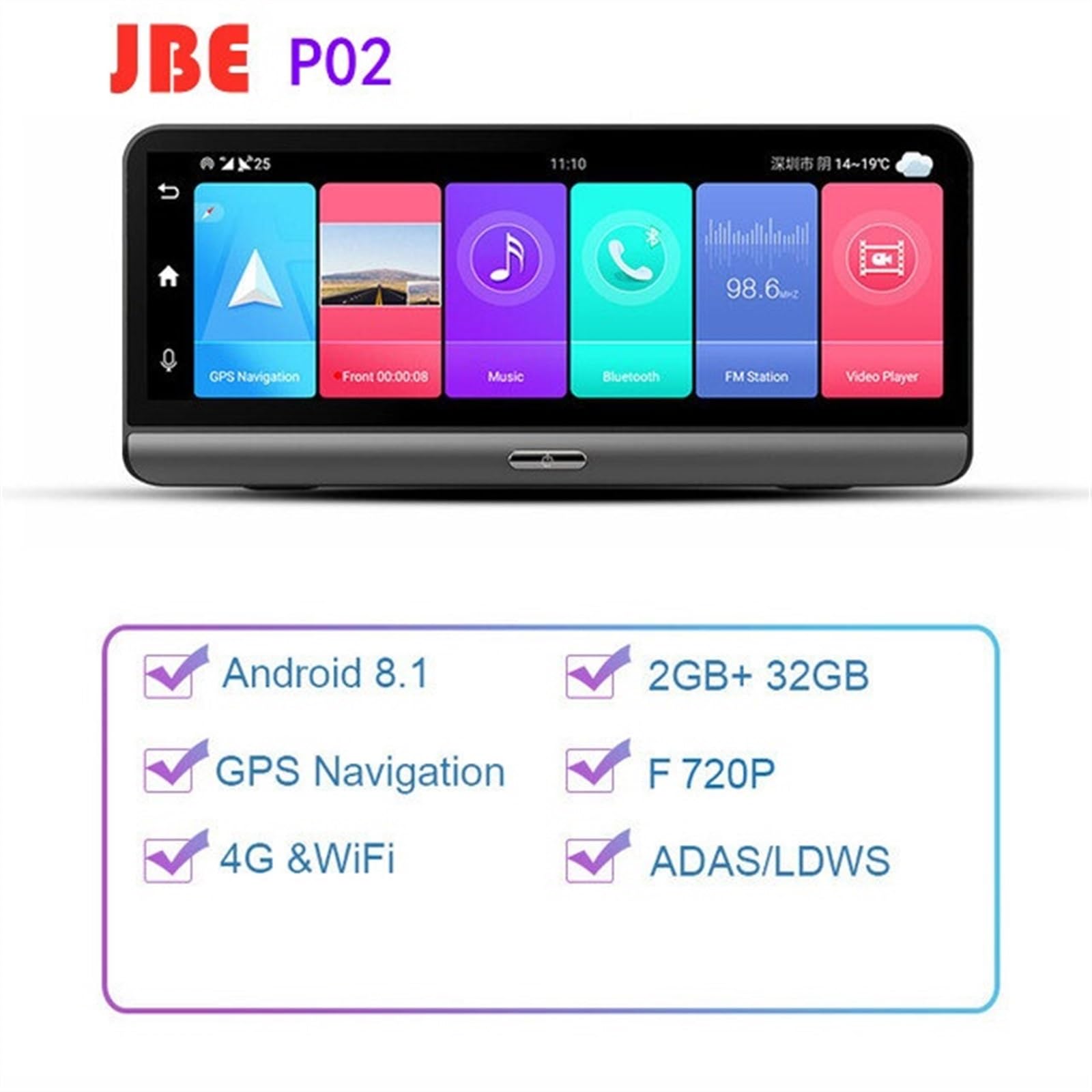Kamera samochodowa, 8-calowa kamera samochodowa IPS GPS 4G FHD 1080P na deskę rozdzielczą z dwoma obiektywami samochodowy rejestrator wideo Night Vision 24H Park(With 32G Card)