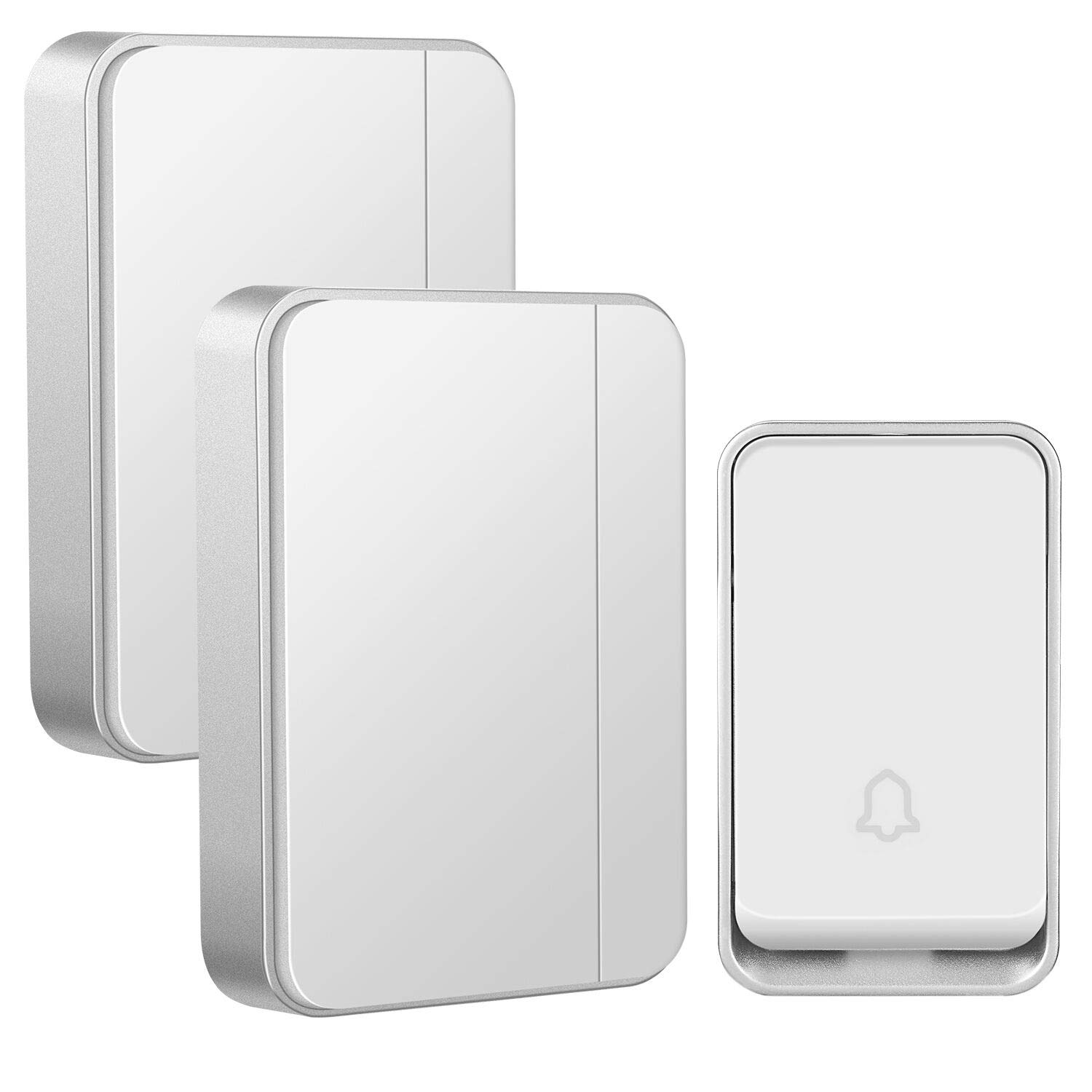『No Battery Required』AURTEC Wireless Doorbell,Waterproof Door Chime Kit with 1 Press Self-Powered Transmitter & 2 Plug-in Receiver ,51 Chimes,4 Volume Levels,No Battery Required,White