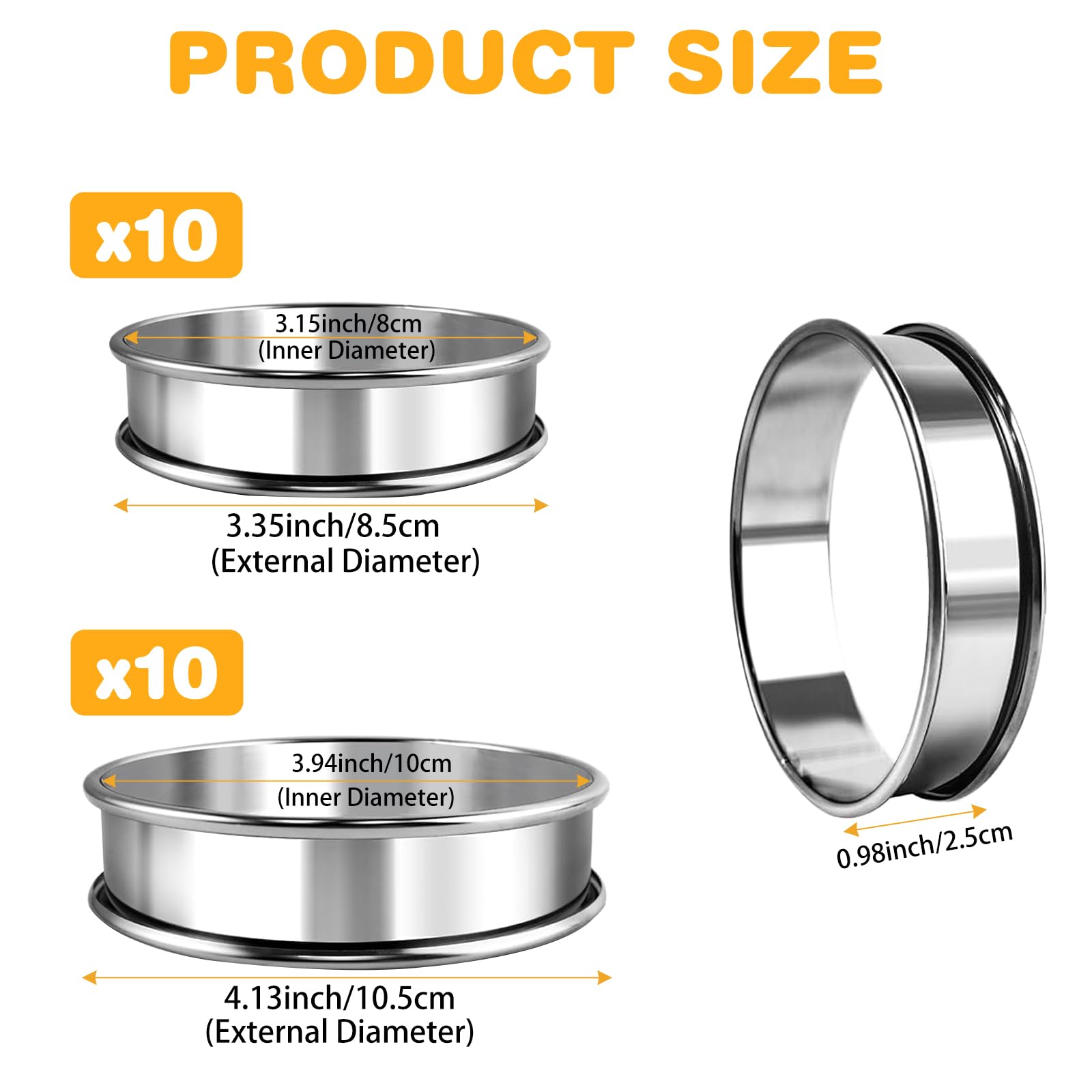 20 PCS English Muffin Rings - 4 Inch and 3.35 Inch Set Stainless Steel Crumpet Rings, Nonstick Muffin Pastry Cake Cookie Ring, Double Rolled Metal Round Tart Ring Egg Molds for Home Baking Cooking