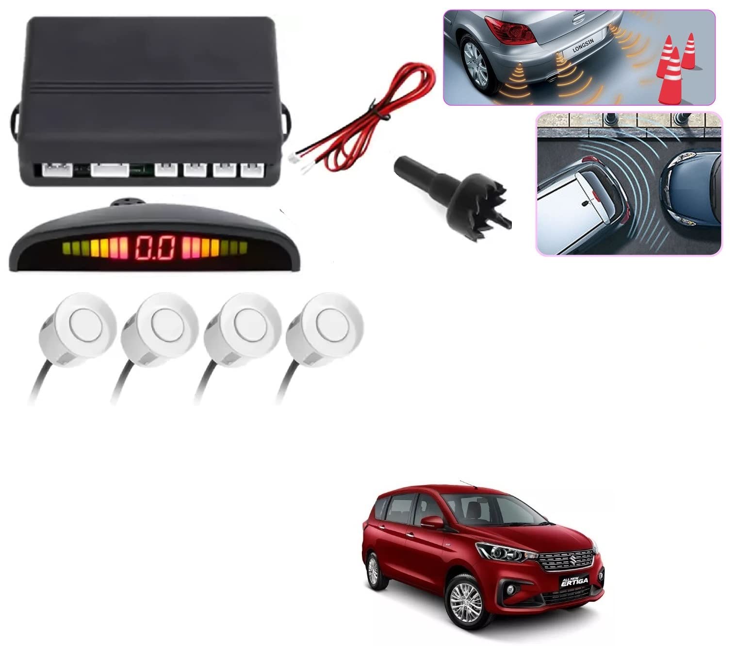 Auto Addict Car Reverse Parking Sensor with LED Display 4 Sensor Reverse Parking Auto Radar Detectors (White) for Maruti Suzuki Ertiga (2018-Present)-picture-39